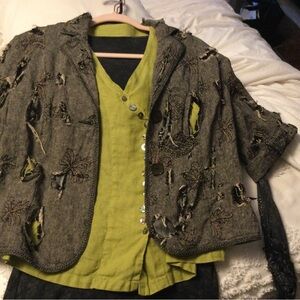 Distressed gray jacket navy blue embellished long sleeve top green linen vest 😇